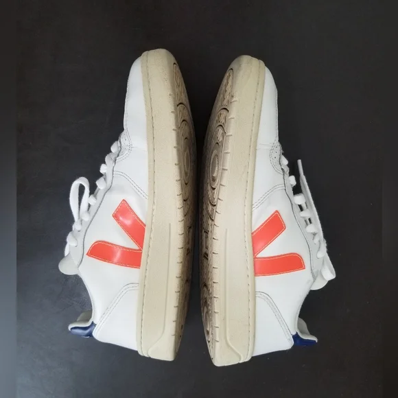 Veja Leather V-10 Sneakers Woman White N Orange Logo Sz 8 - Picture 4 of 14